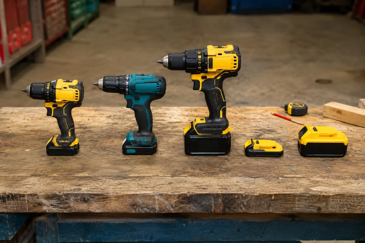Three cordless drills and two batteries on a workbench, showing the weight difference between a small 2.0Ah and a larger 5.0Ah battery
